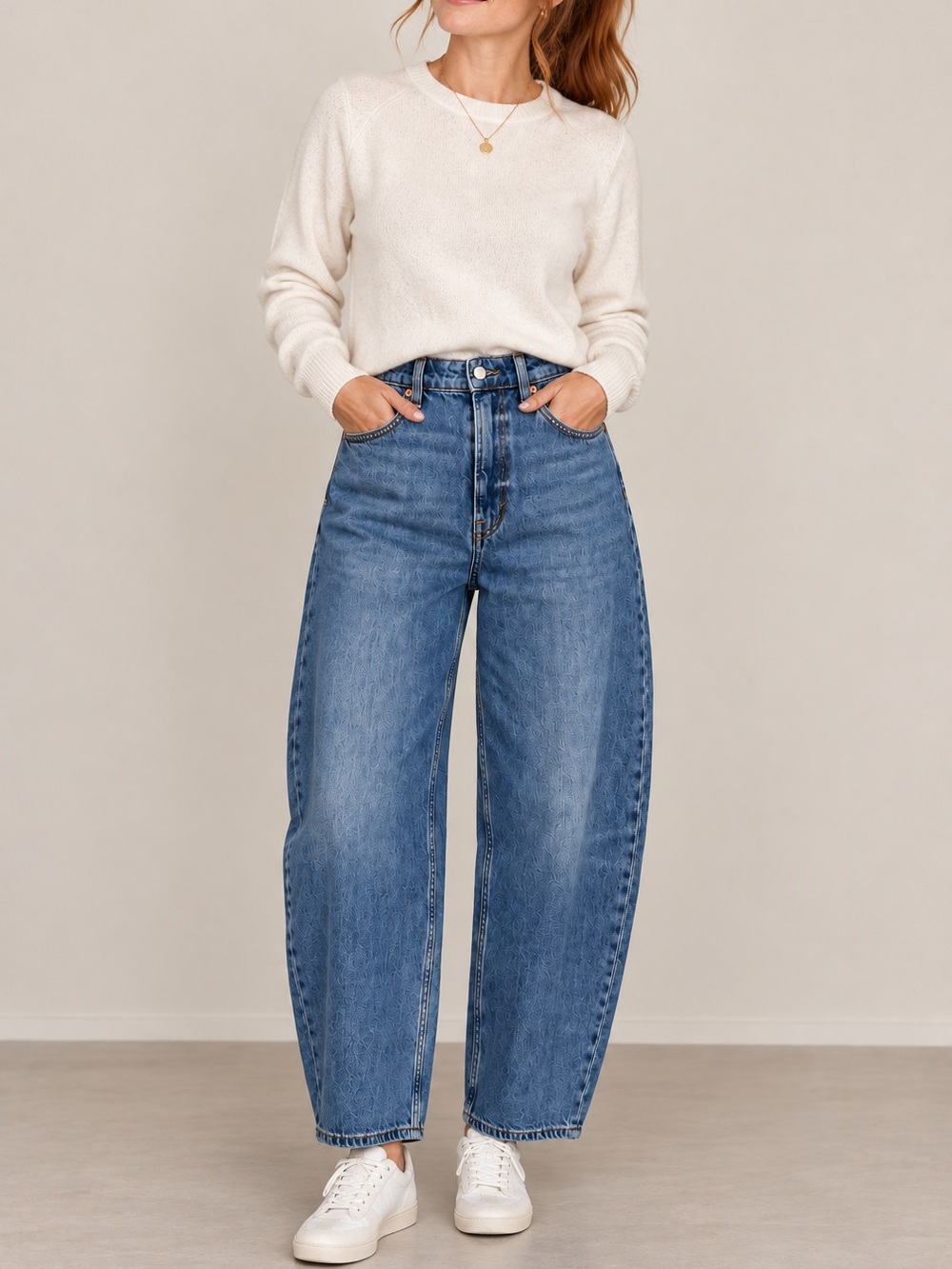 High Rise Barrel Leg Jeans Loose Fit Medium Wash Denim 26”